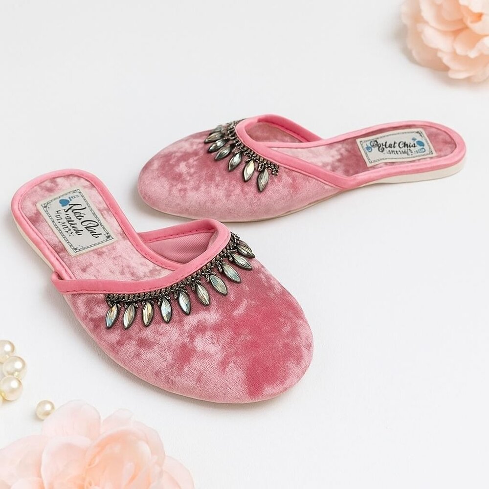 Blue Chic Lounge Velvet Slides Size S Rhinestone Flats Pink House Slippers Glam